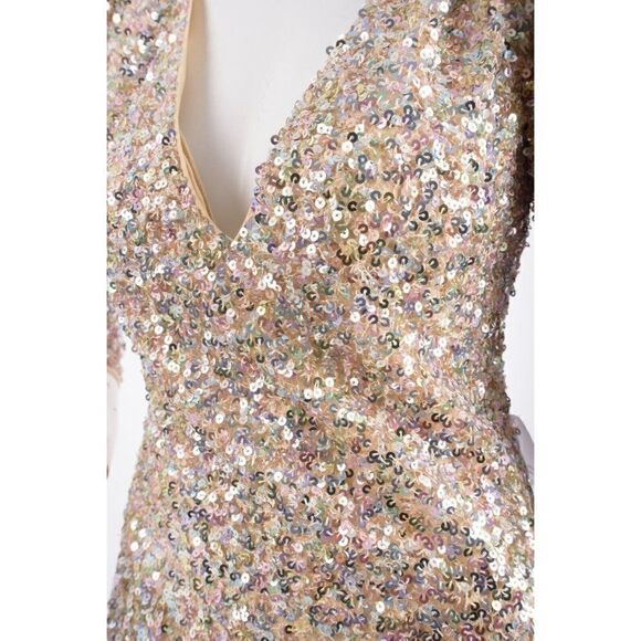 IEENA for MacDuggal Womans Sequined Dress Mini Puff Sleeve Sz 6 Beige Multi NWT - Picture 5 of 7